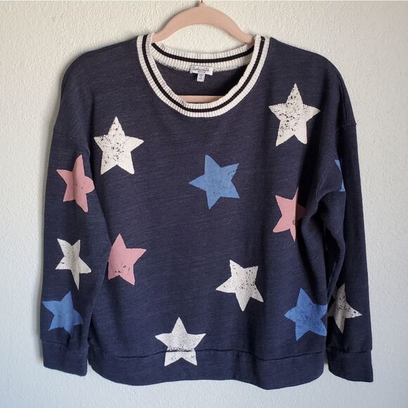 Splendid Distressed Faded Red White & Blue Stars Cropped Sweatshirt Beach Medium - Picture 1 of 6